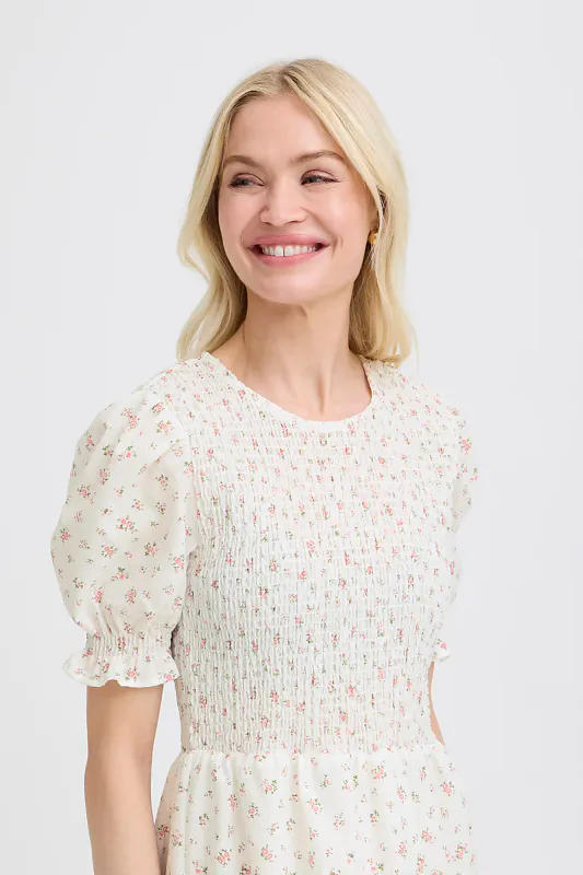 B.YOUNG - Idida Smock Dress White Pink Roses